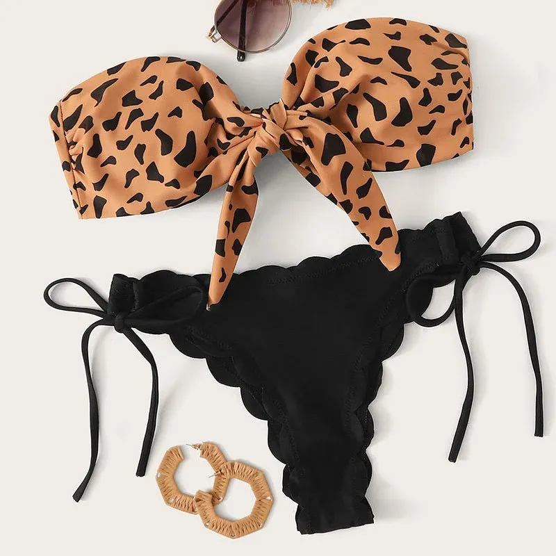 Damen Bandeau-Bikini mit modischem Tiermotiv und Bindedetails – Maréssa
