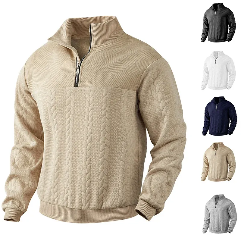 Herren Strickpullover mit kurzem Reißverschluss und Zopfmuster – Norvane
