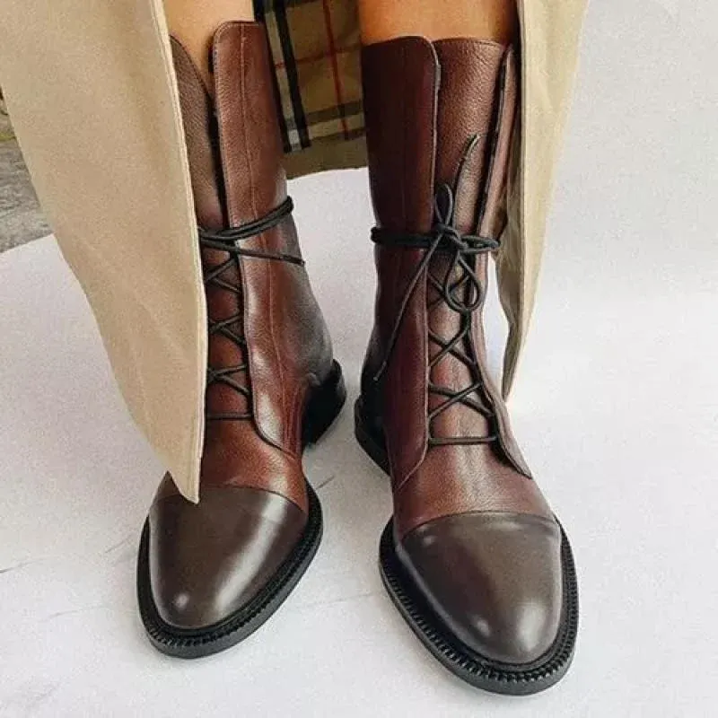 Damen Lederoptik-Schnürstiefelette mit glänzender Zehenkappe und niedrigem Blockabsatz Echo Archiv