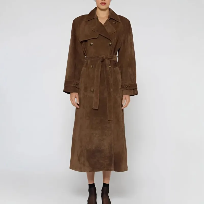 Damen langer Wildleder-Trenchcoat mit Taillengürtel Echoarchiv