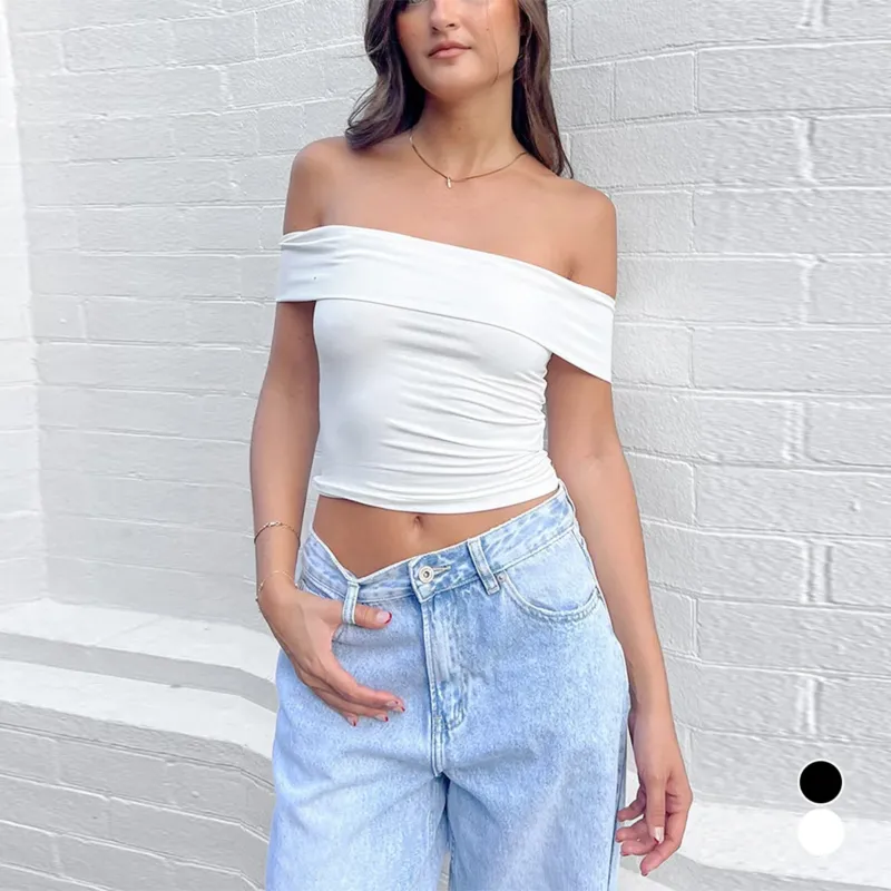 Damen Off-Shoulder Crop-Top aus elastischem Material mit figurformendem Design – Orélia