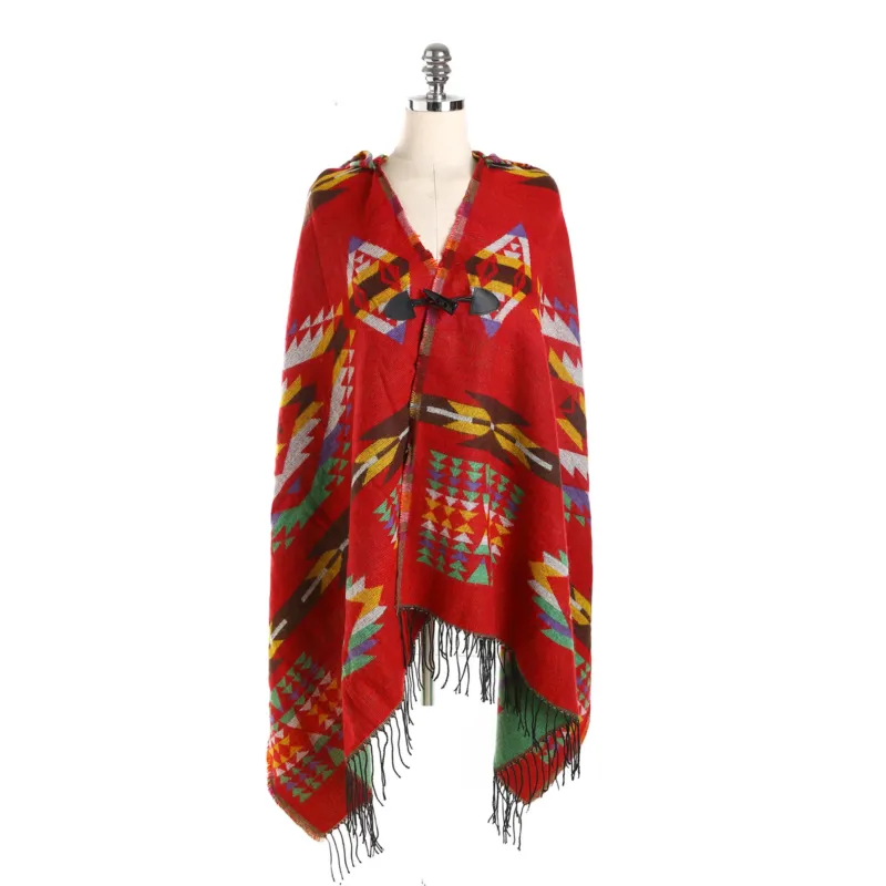 Damen Ethno-Jacquard-Poncho mit Knebelverschluss und Fransensaum – Célinea