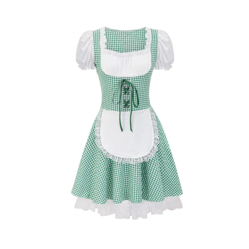 Damen Trachtenkleid im Vichy-Stil mit Puffärmeln, Schnürkorsett und Spitzenschürze – Lunéa
