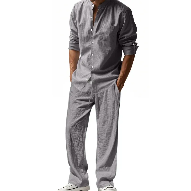 Herren luftiges Leinen-Outfit mit stylischer Knopfleiste und weiten Hosen – Averon