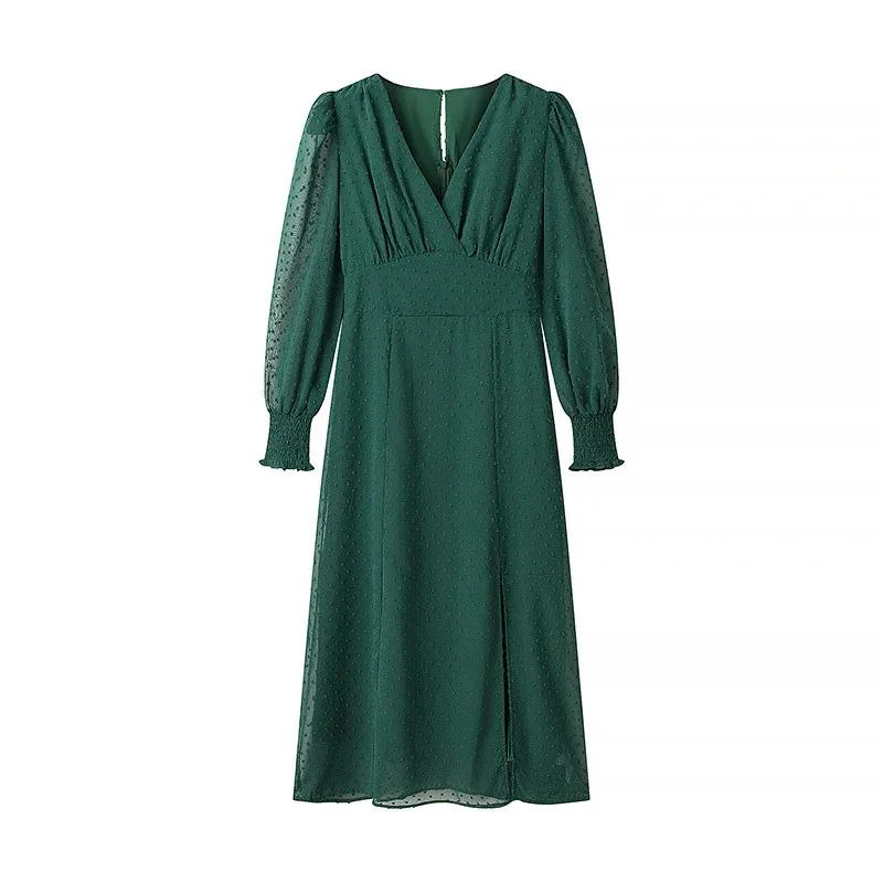 Damen gerafftes V-Neck Midikleid mit punktstruktur, gesmokten Manschetten und seitlichem Schlitz – Élara