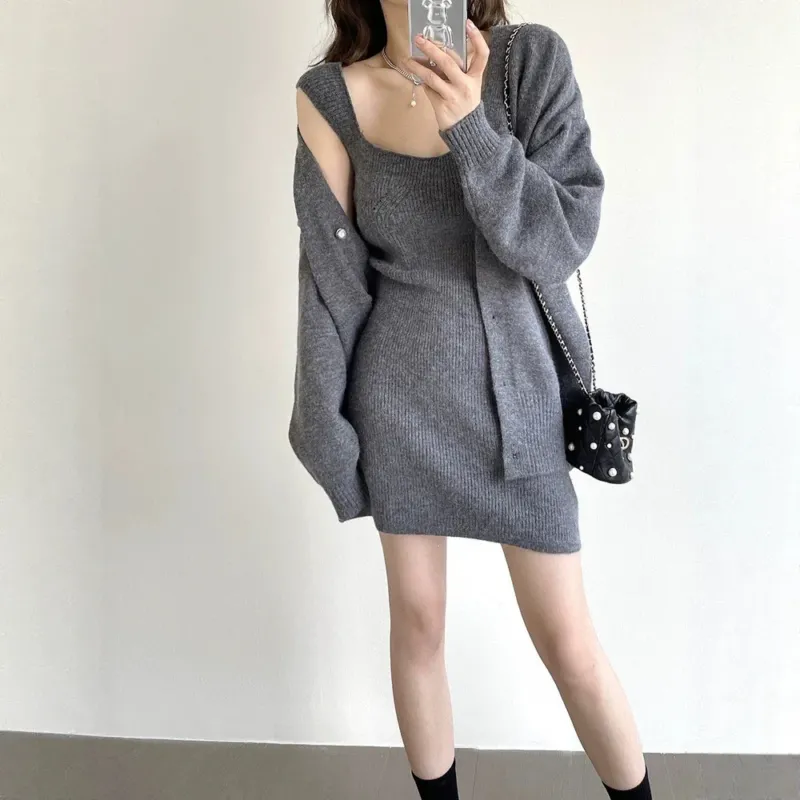 Damen Strickkleid mit offener Strickjacke – Mavelle