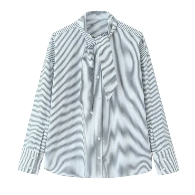 Damen Bindeschal‑Bluse mit Streifenmuster und Oversize‑Passform Echoarchiv