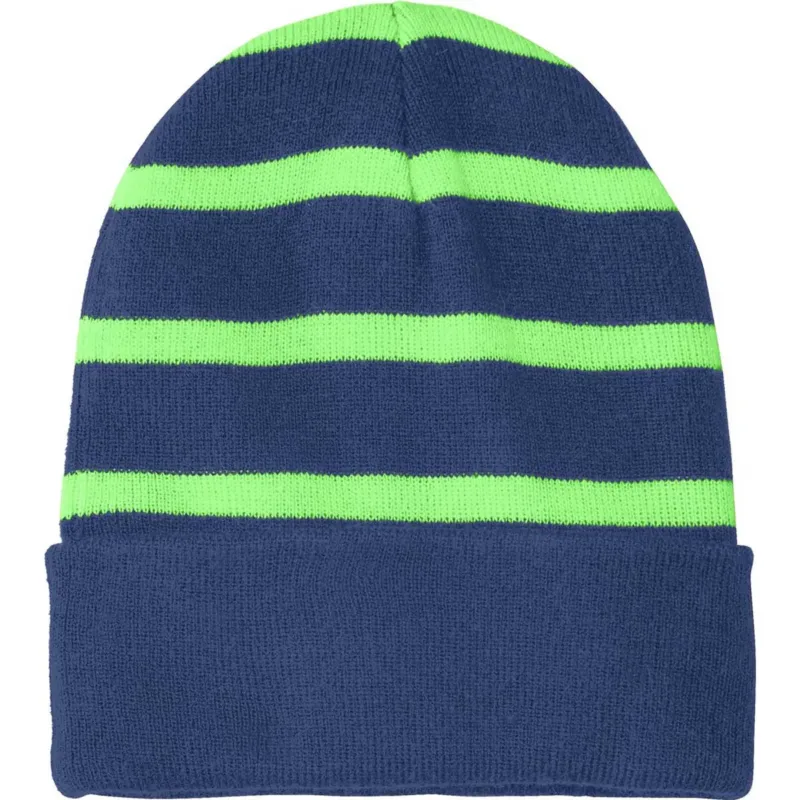 Sport-Tek Team Navy/Flash Green Striped Beanie with Solid Band